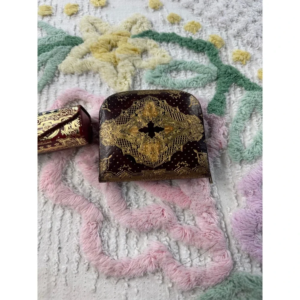 Vintage Italian Coin Purse Lipstick Holder Set‎ Ornate Gold Red